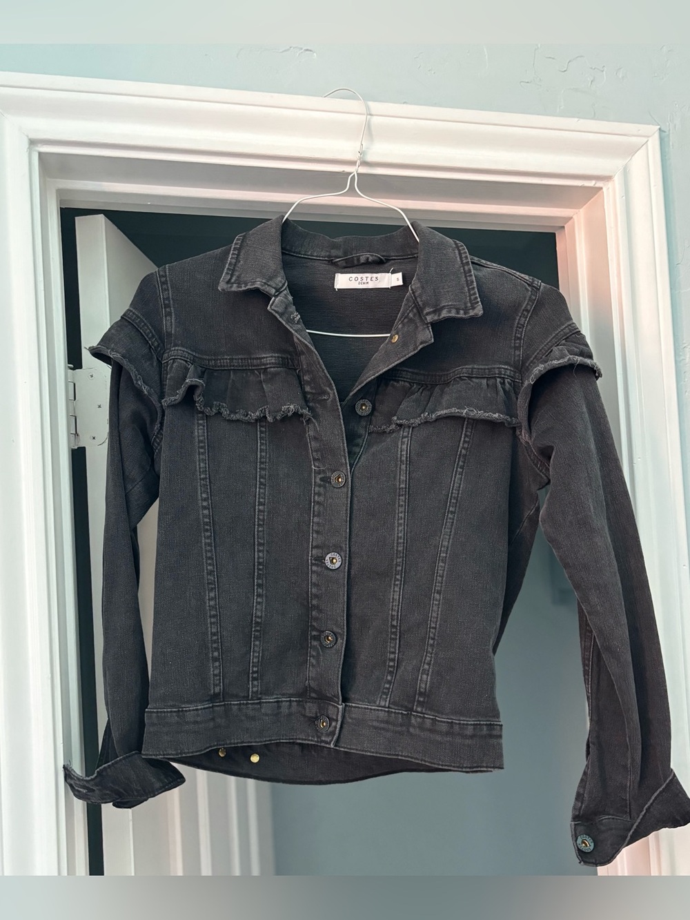 Costes Denim Black Denim Ruffle-Trim Jacket